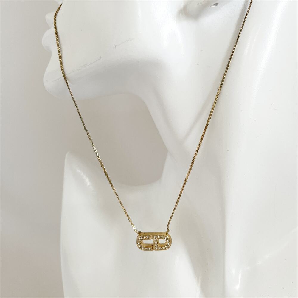 DIOR Vintage Gold Tone Diamante Logo Pendant Necklace